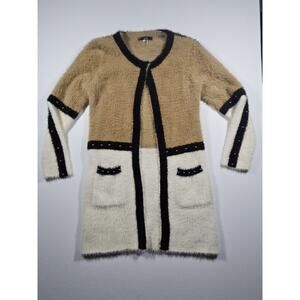 Sioni Women's Cardigan Sweater Faux Fur Size M Brown Black Cream Open Front Long